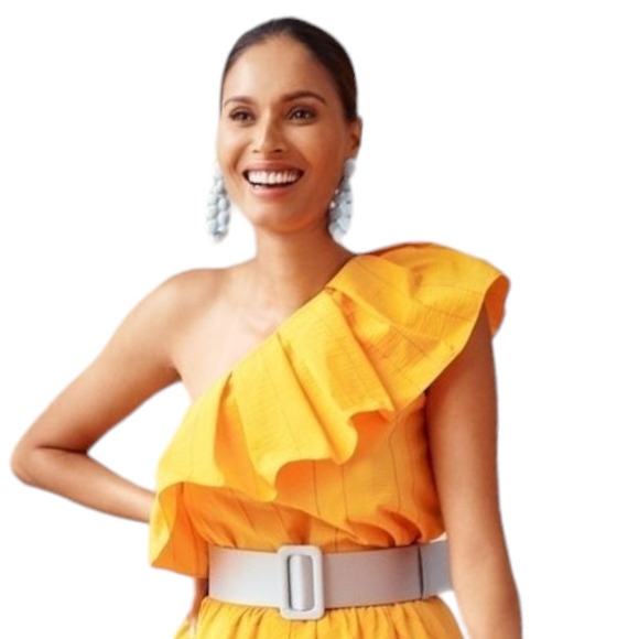 Sachin + Babi one shoulder yellow striped blouse size 10 medium - Picture 1 of 7